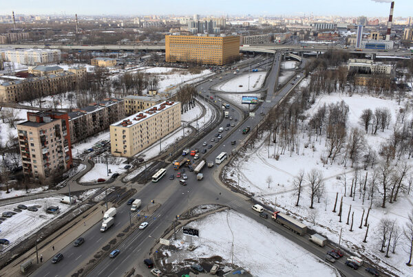 Aerial view of the a large city St. Petersburg in winter