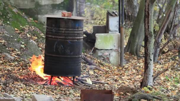 Cuisson du poisson fumant dans un tonneau — Video