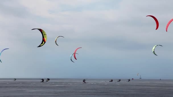 Skating  snowkiting at winter — Stock Video