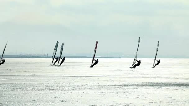 Silhouetten des Eissurfens auf dem zugefrorenen Meer — Stockvideo