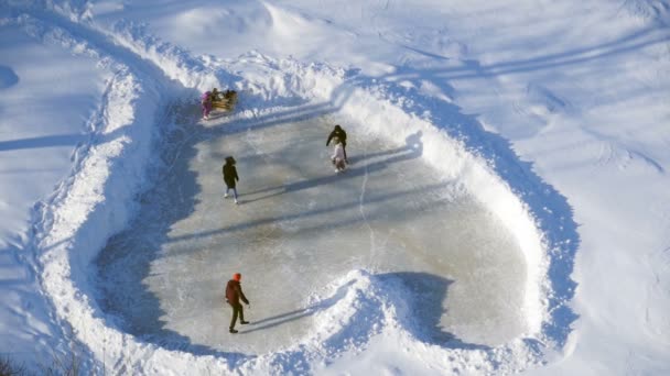 People Adults Children Skate Winter Snowy Ice Rink Top View — Vídeo de Stock
