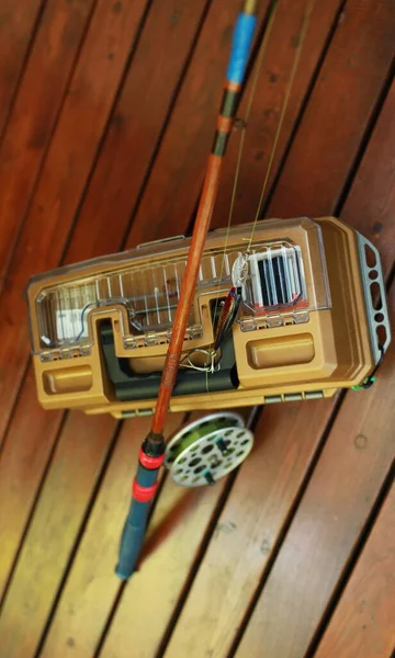 Fishing Vintage Rod Big Reel Fishing Box Fishing Still Life — Foto Stock