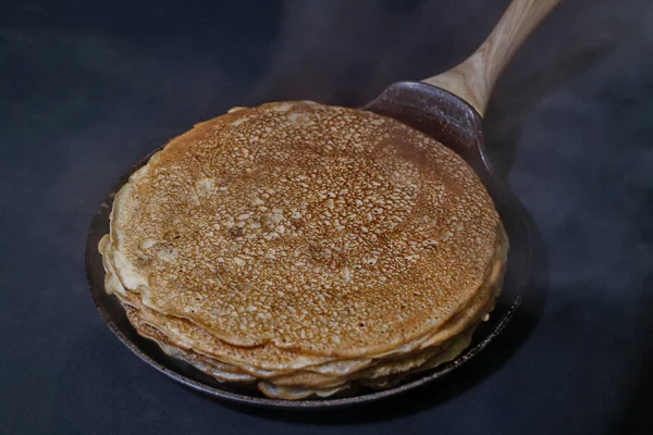 Stack Hot Fried Pancakes Frying Pan — стоковое фото