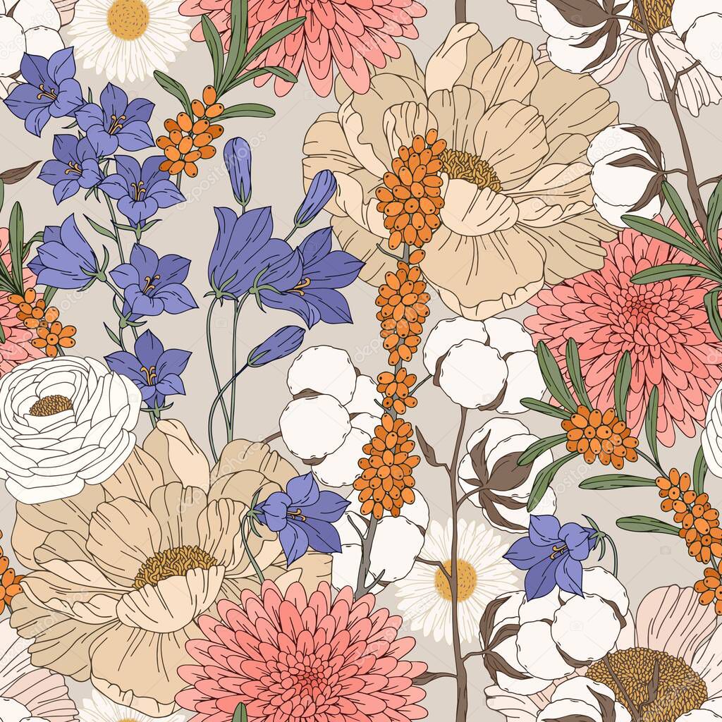 Vector seamless pattern with flowers and sea buckthorn. Hand drawing.
