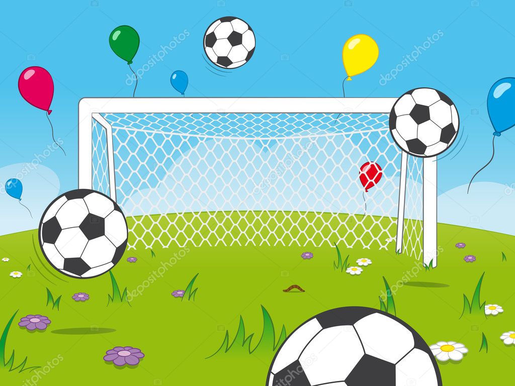 Cartoon goalposts with balloons and soccer balls