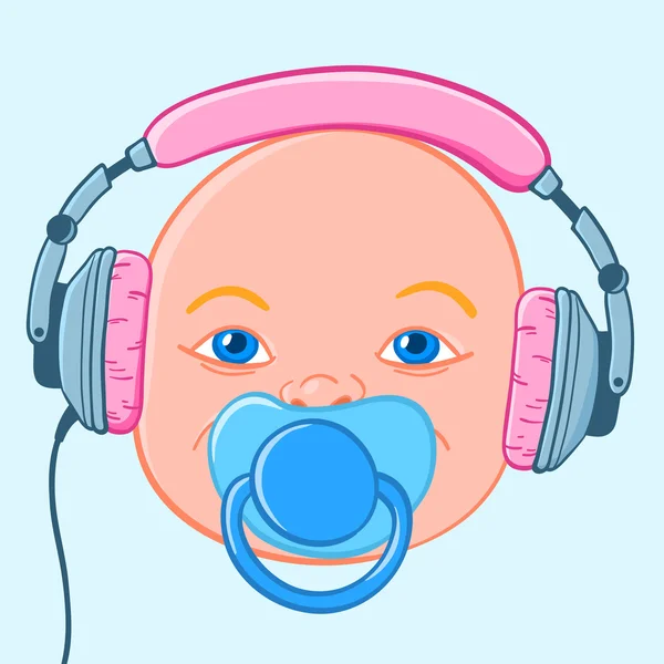 Cabeza de bebé con auriculares — Vector de stock