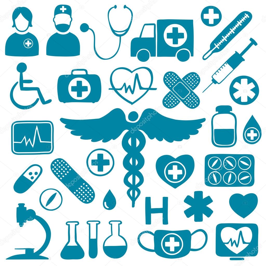 Blue icons on white with healthcare symbols
