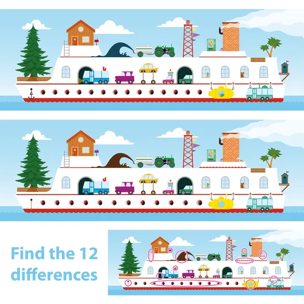 Děti puzzle loď na místě 12 rozdíly — Stockový vektor