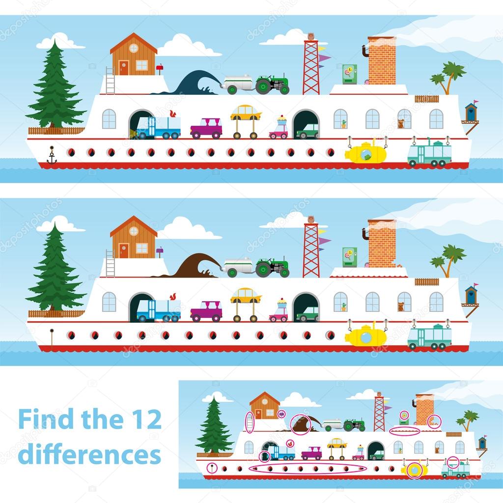 Kids puzzle ship to spot the 12 differences