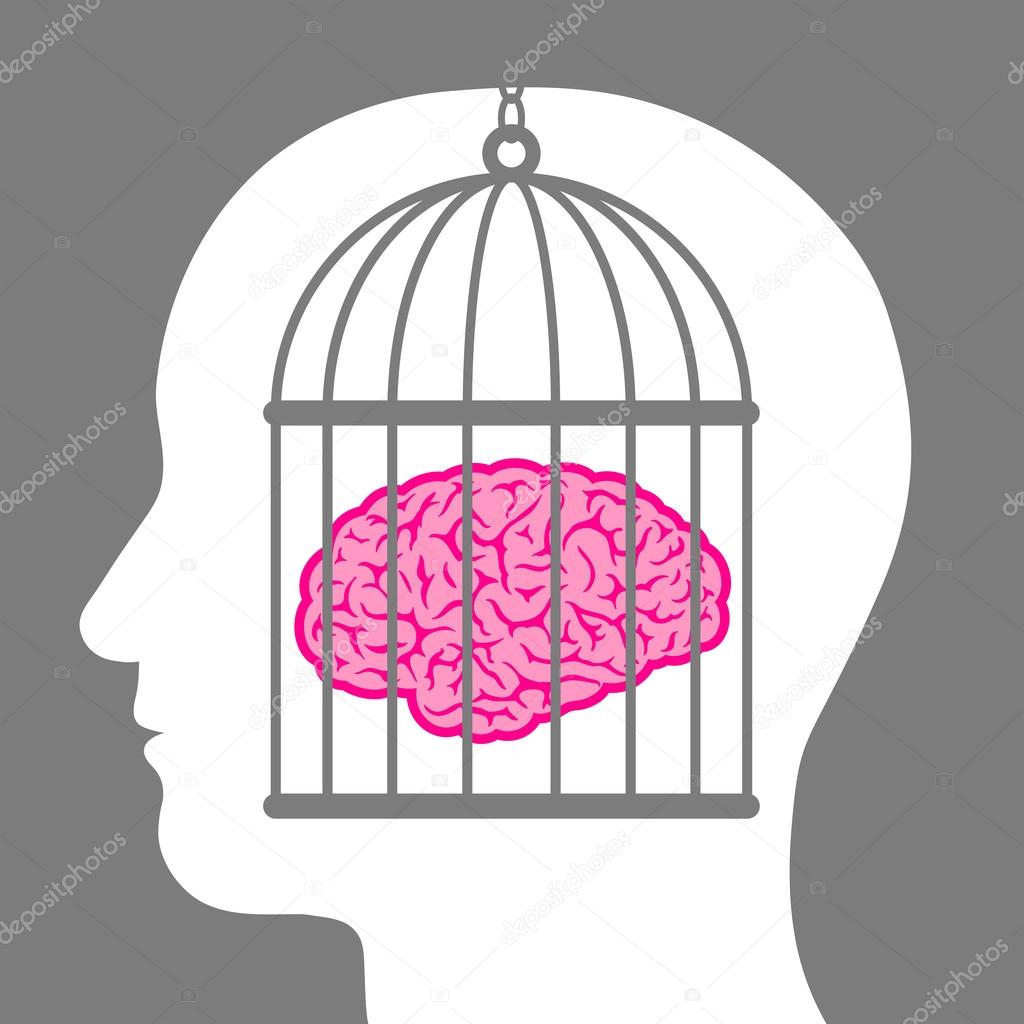 Caged brain inside a male head