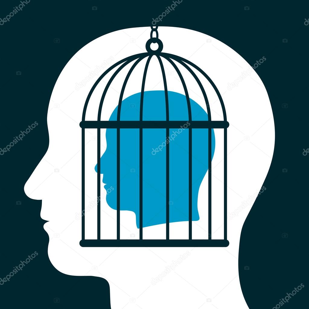 Caged mind inside a head silhouette