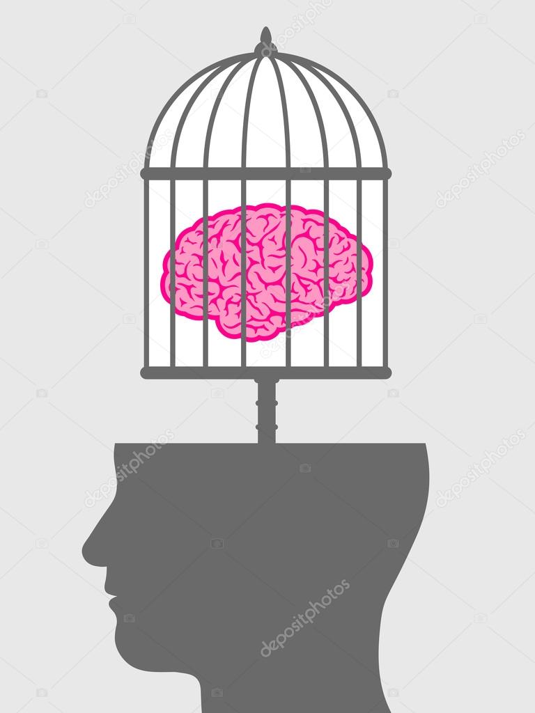 Caged brain with a male head