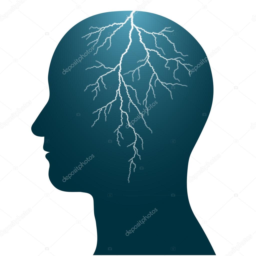 Human head with a lightning flash inside headache