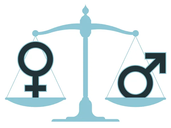 Escala en equilibrio con iconos masculinos y femeninos — Vector de stock