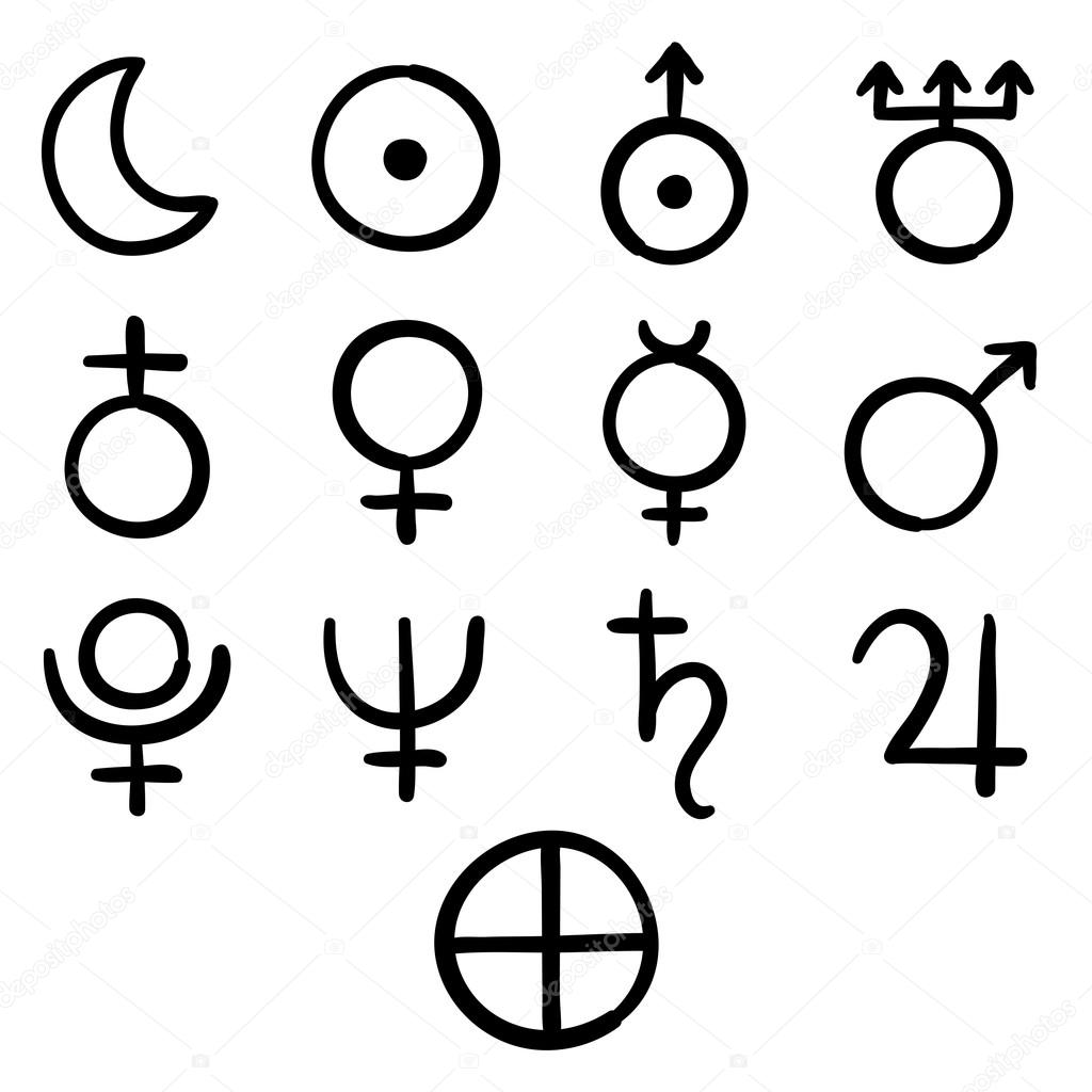 Set of icons for the planets, sun and moon