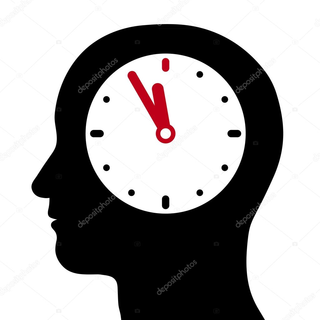 Head with an internal clock at five-to-twelve