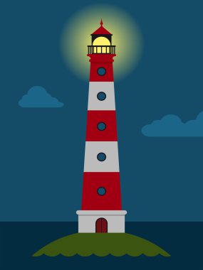 Striped red and white lighthouse at night clipart