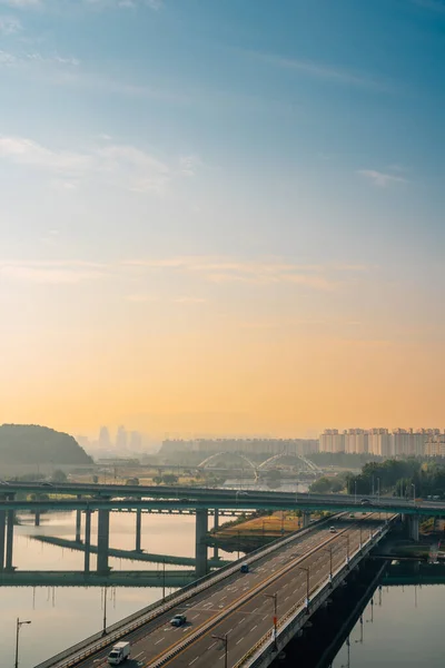 Pemandangan Panorama Kota Daejeon Dan Sungai Gapcheon Saat Matahari Terbit — Stok Foto