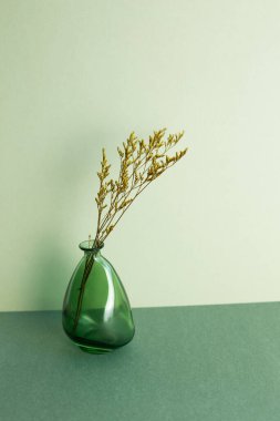 Home interior decor, vase of dry flowers on green table
