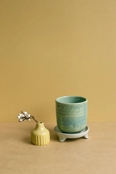 Ceramic Tea Cup Dry Plant Brown Table Background — Stockfoto