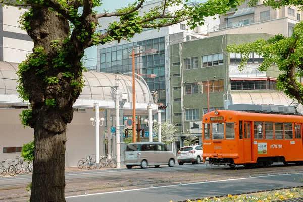 Matsuyama Japan April 2019 Straßenbahn Und Stadtstraße — Stockfoto