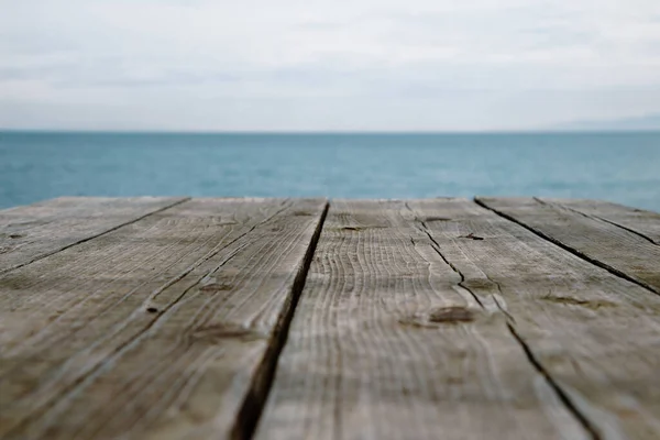 Modrá Pláž Dřevěný Stůl Abstraktní Pozadí — Stock fotografie