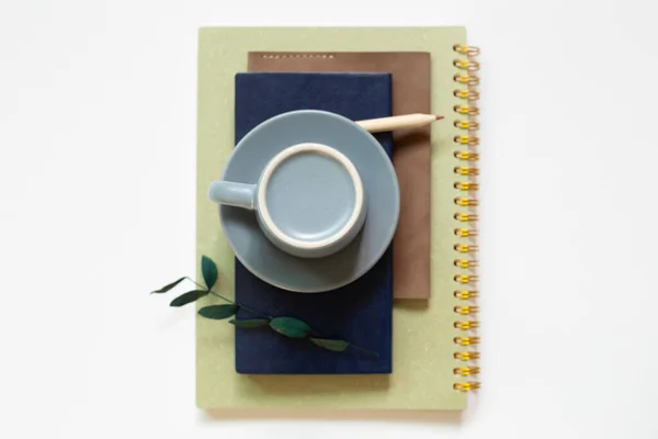 Notebook Coffee Cup Pencil White Background Flat Lay Top View — Foto de Stock