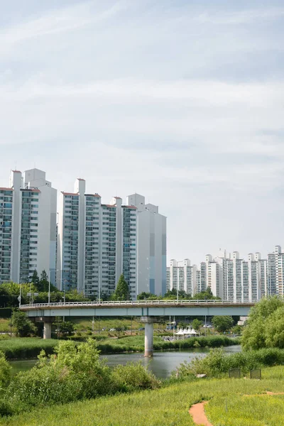 韩国首尔的Jungnangcheon Stream公园和公寓楼 — 图库照片