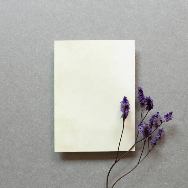 Blank memo pad and purple dry flowers on gray background. top view, copy space