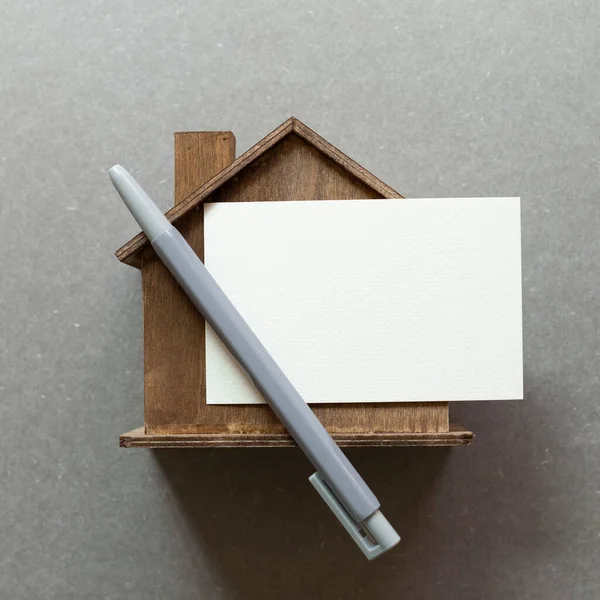 Wooden House Model Blank Memo Pad Gray Background Real Estate Royalty Free Stock Images
