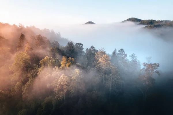 Die Sonne Geht Nebel Auf Und Die Berge Morgen Morgennebel — Stockfoto