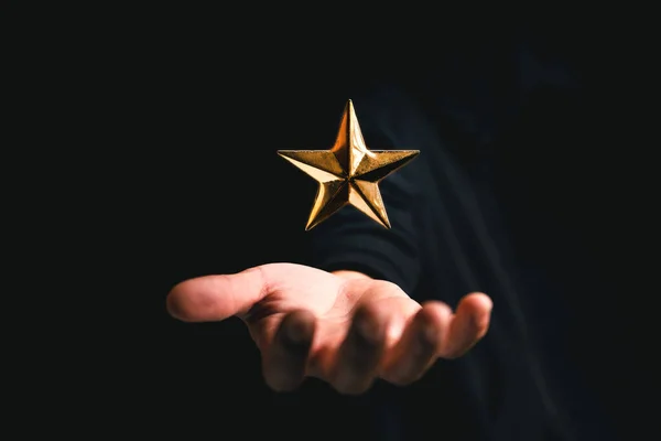 Golden Star Rating Hand Dark Background Rating — Stock Photo, Image