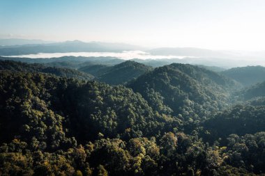 Bulutların üzerinde uçuyor güneş doğuyor ve sis tepede