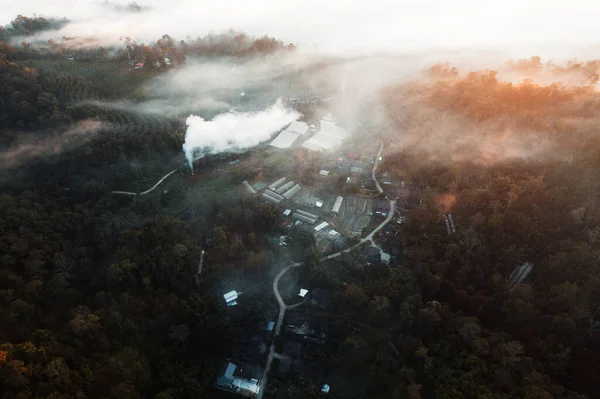 stock image Flying above the clouds sunrise and fog,on the hill