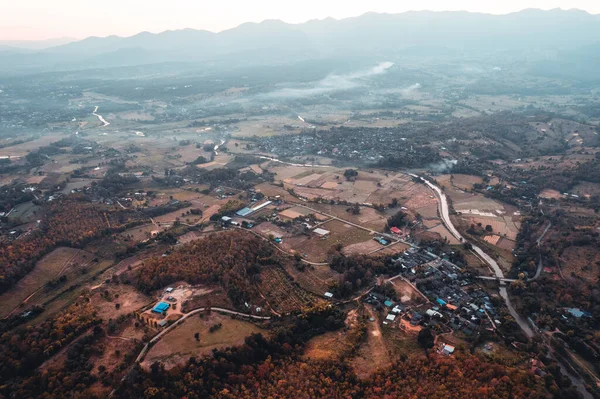 Dağ manzarası, sonbahar sabahı ağaçlar, sis ve dağlar.