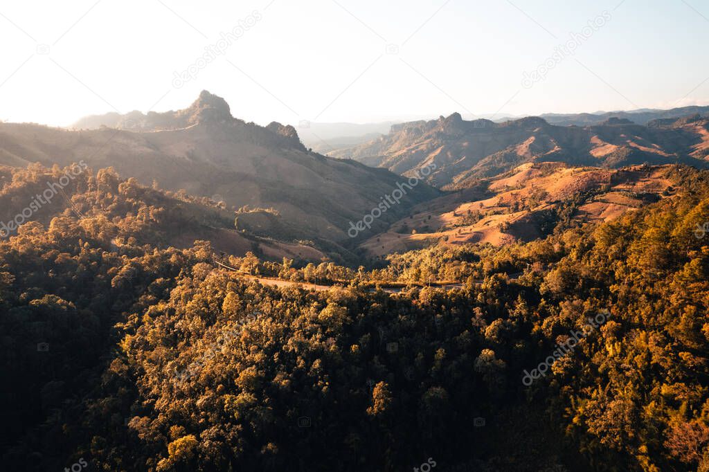 mountains and orange grass in the evening at Mae Hong Son