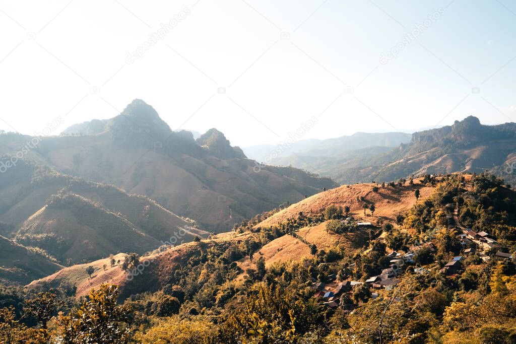 mountains and orange grass in the evening at Mae Hong Son