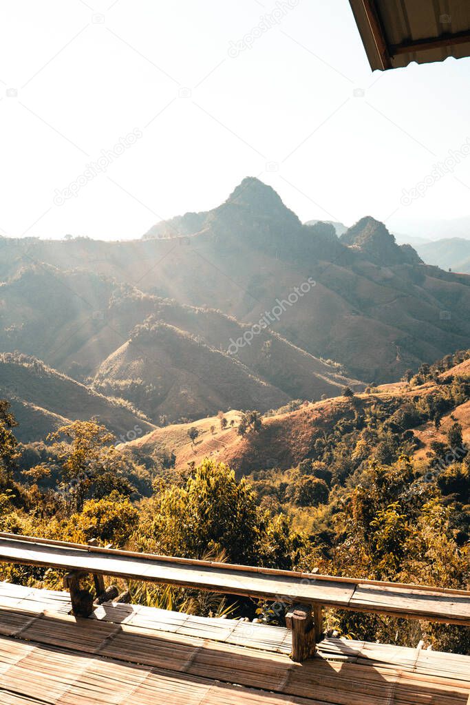 mountains and orange grass in the evening at Mae Hong Son