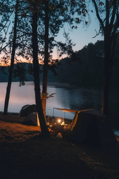 Camping Tents Reservoir Trees Morning Blue Hour — Stock Photo, Image