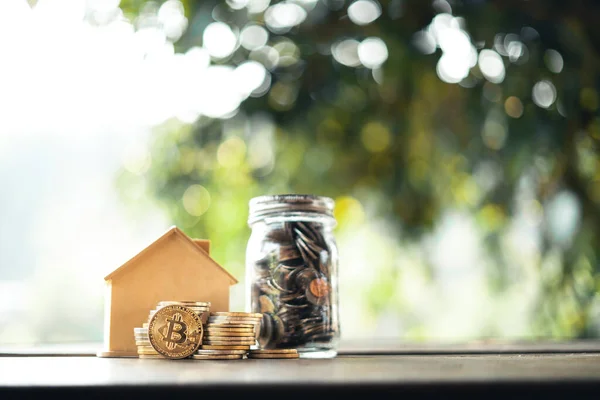 Money Concept Money Coin Bit Coin Wooden Table — Stock Photo, Image