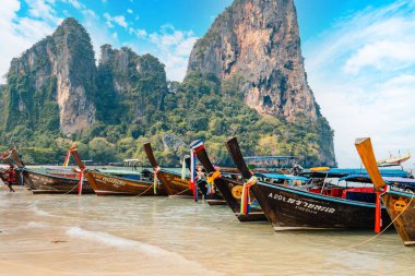 Yazın kumsal ve kayalık dağ manzarası, Krabi, Tayland