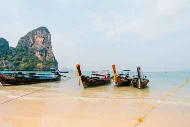 Yazın kumsal ve kayalık dağ manzarası, Krabi, Tayland