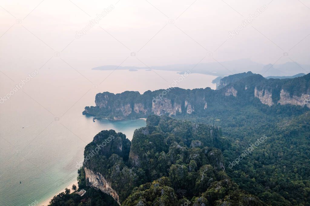 Railay Bay,sea bay and rocky mountains in the evening