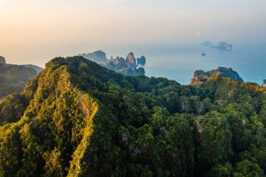 Tropikal bir sabahta kayalık dağların ve denizin yaz manzarası, yengeç.