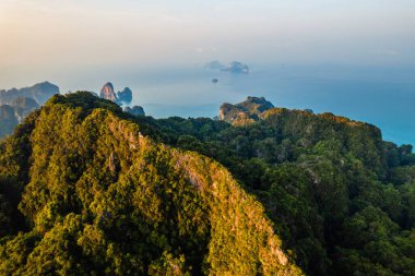 Tropikal bir sabahta kayalık dağların ve denizin yaz manzarası, yengeç.
