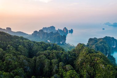 Tropikal bir sabahta kayalık dağların ve denizin yaz manzarası, yengeç.