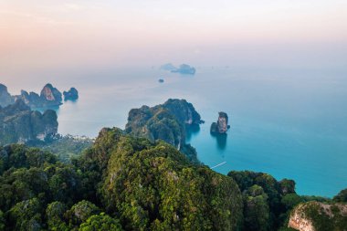 Tropikal bir sabahta kayalık dağların ve denizin yaz manzarası, yengeç.