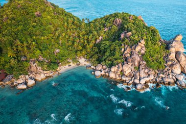 Adanın, denizin, adanın ve yeşil ağaçların yüksek açılı manzarası