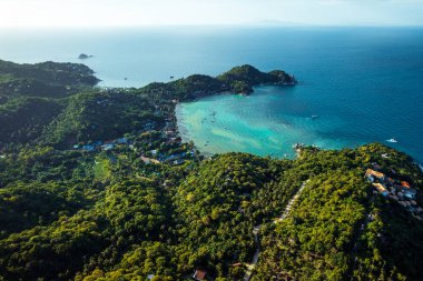 Adanın, denizin, adanın ve yeşil ağaçların yüksek açılı manzarası