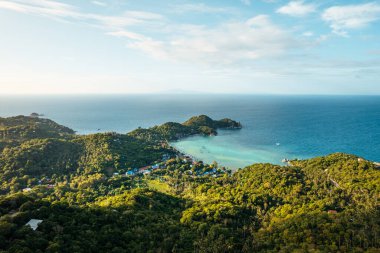 Adanın, denizin, adanın ve yeşil ağaçların yüksek açılı manzarası